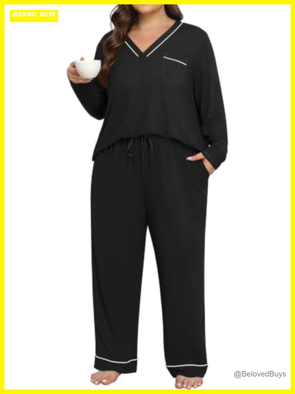 Womens Plus Size Pajama Set Long Sleeve V-Neck Piping Lounge Sleepwear
